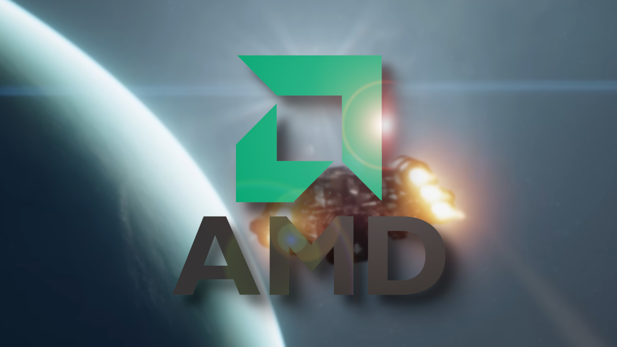The Starfield AMD logo with a ship from Starfield flying next to a planet.